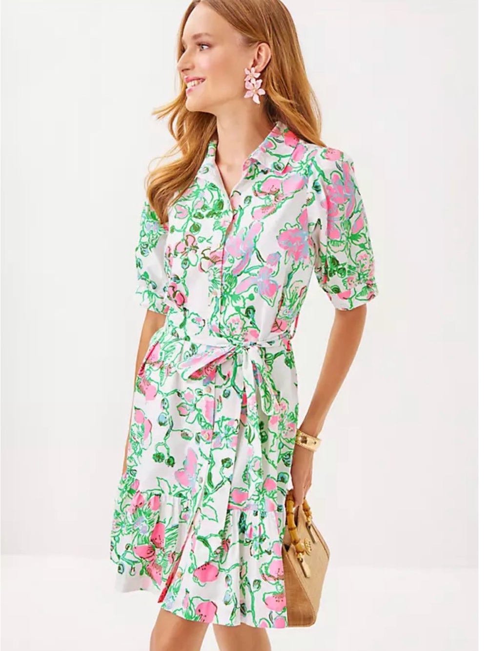 Lilly Pulitzer Sashria White Midi Shirt Dress with Pink & Green Floral Print